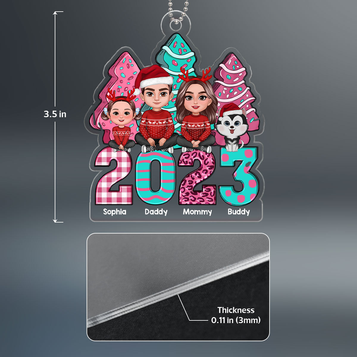 Pink And Teal Christmas Tree Cake Family Sitting Personalized Acrylic Ornament
