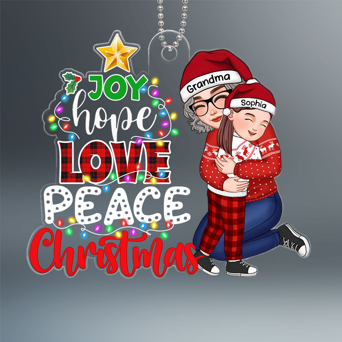 Joy Hope Love Peace Christmas Tree Grandma Hugging Grandkid Personalized Acrylic Ornament