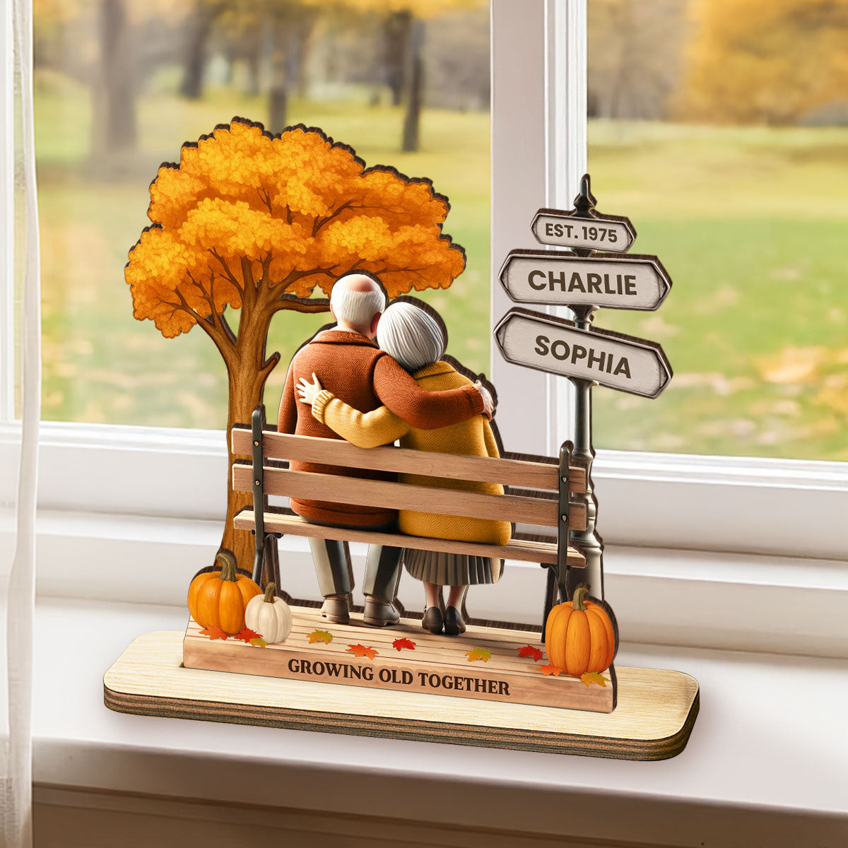 Custom Old Couple Fall Season Park, Romantic Personalized Standing Wooden Plaque