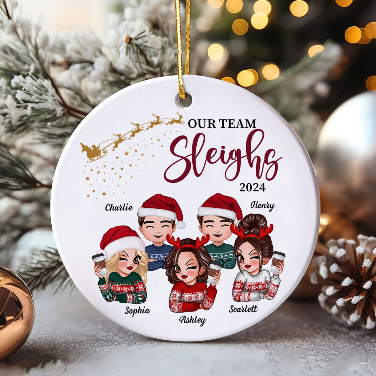Our Team Sleighs Personalized Ceramic Ornament, Funny Christmas Gift For Colleagues, Coworkers, Boss