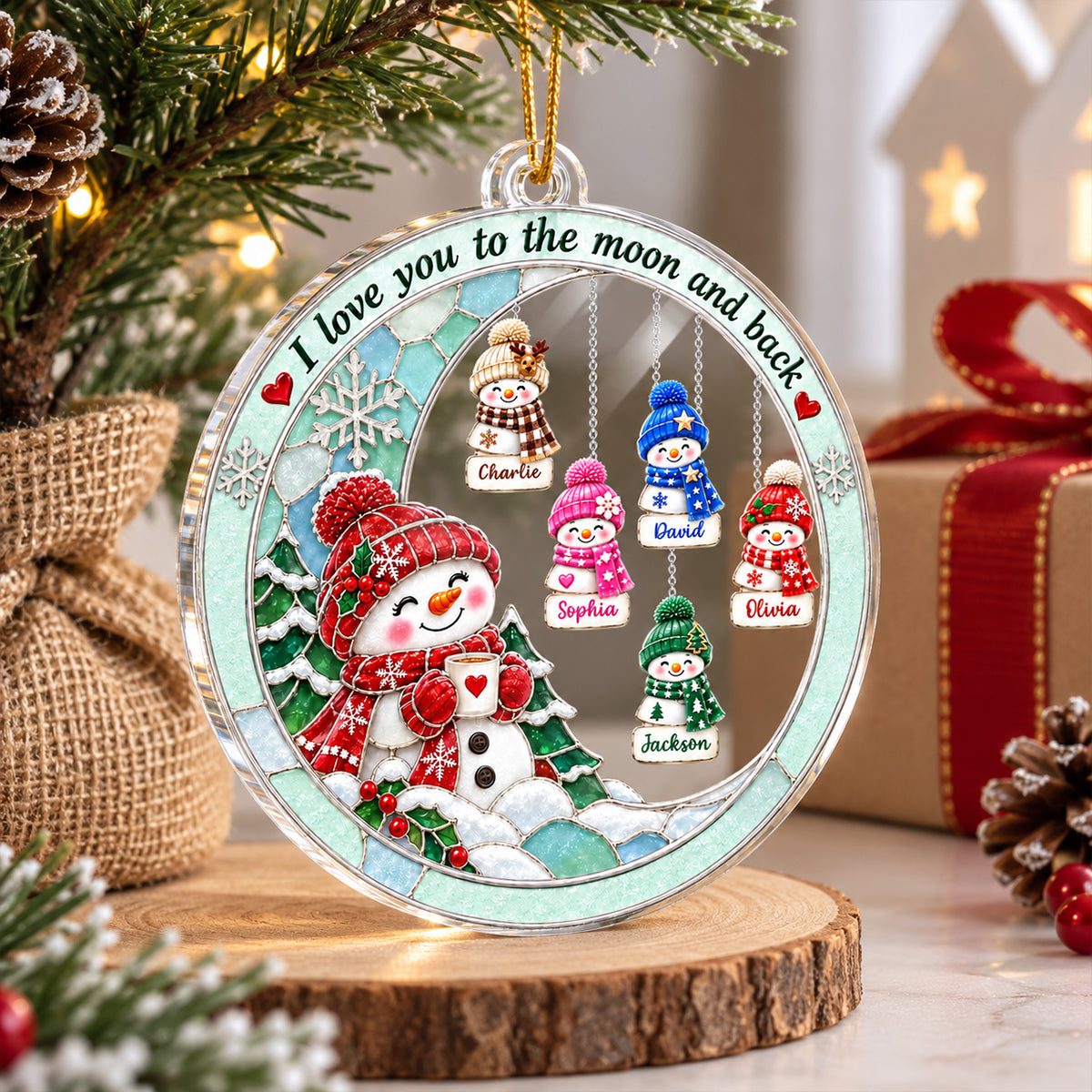 Snowman Grandma Grandkids Love to the Moon and Back - Personalized Acrylic Ornament - Christmas Gift for Grandma, Grandkids