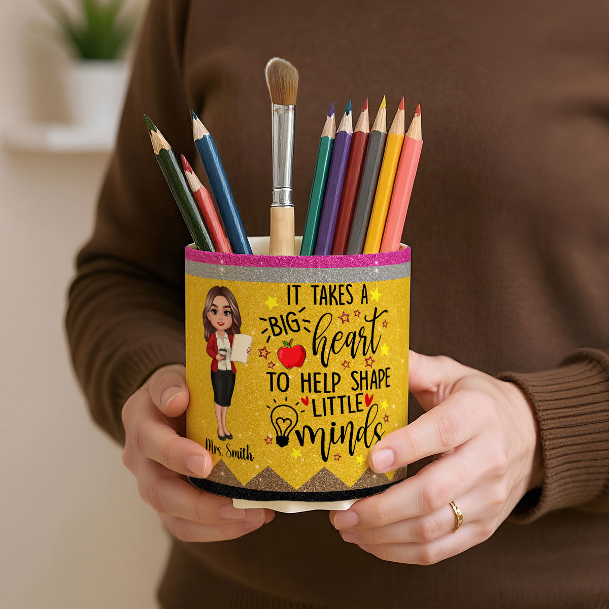 It Takes A Big Heart to Help Shape Little Minds Personalized Rotating Pen Holder, Teacher Appreciation Gift, Back To School Gift