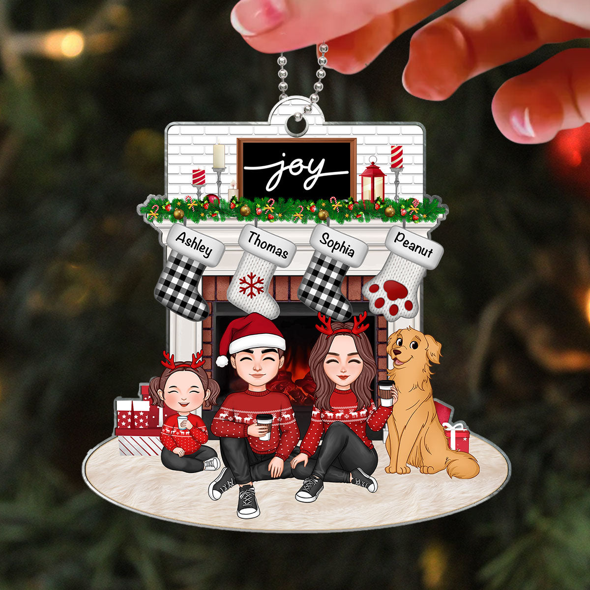 Cute Family Dad Mom Kids Dogs Cats Sitting At Christmas Fireplace - Personalized Acrylic Ornament