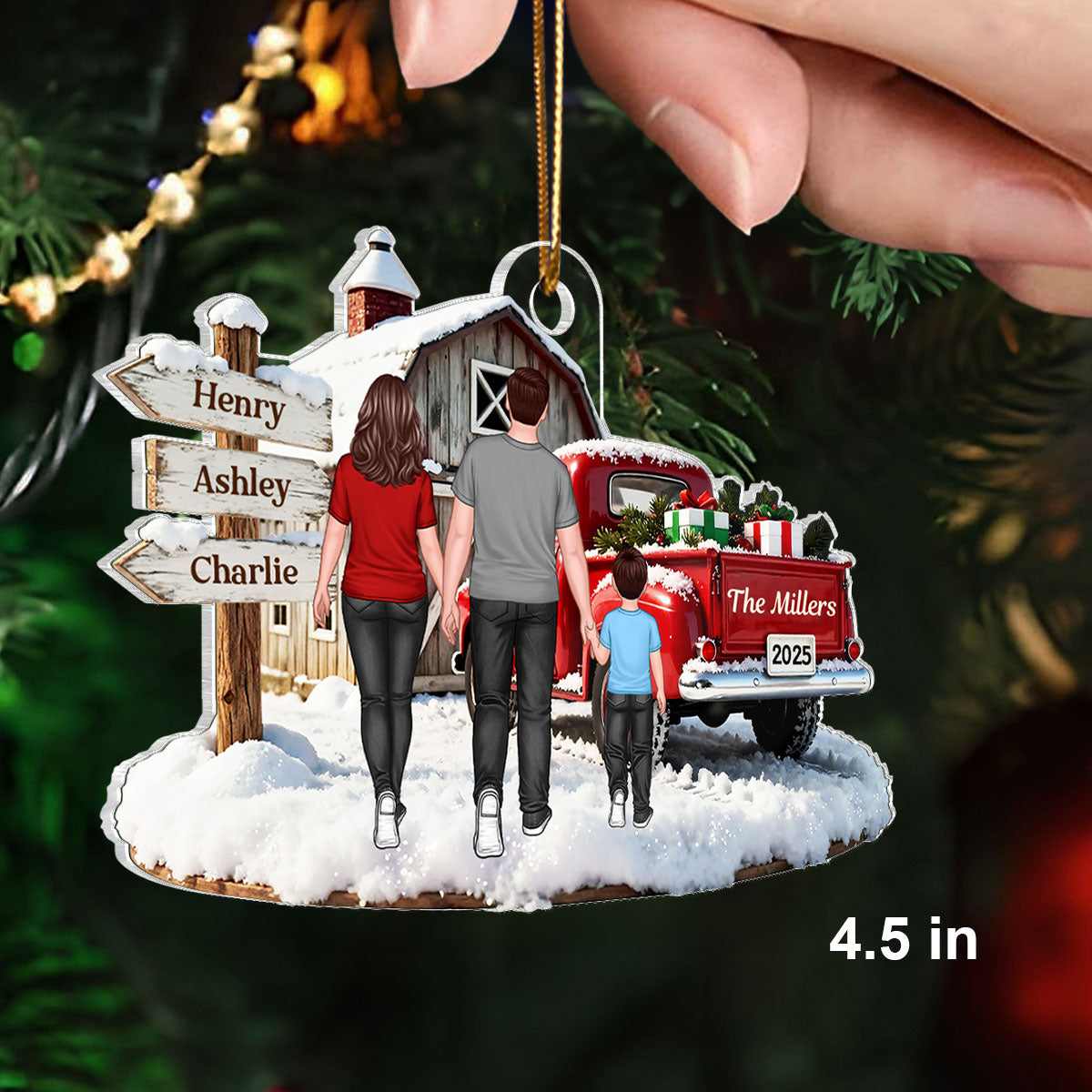 Christmas Truck Barn House Family Sign Post - Personalized Acrylic Ornament - Christmas Gift For Family