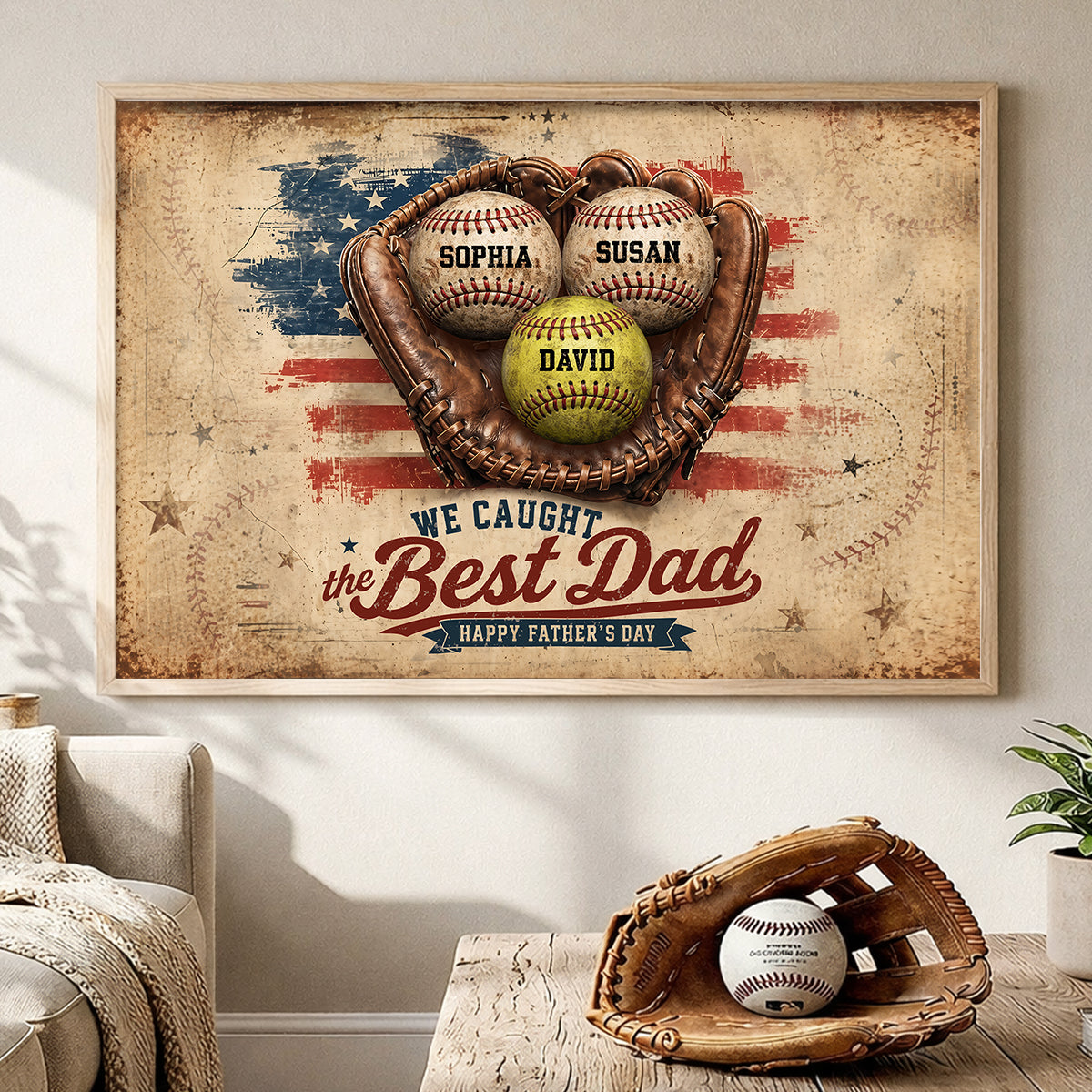 American Flag Baseball We Caught the Best Dad - Personalized Poster - Father's Day Gift for Dad, Husband