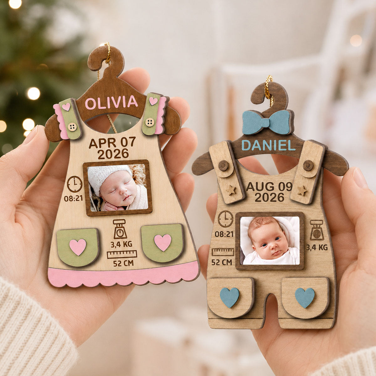Baby First Christmas Birth Stats Birth Sign - Personalized 2-Layered Wooden Ornament - Baby Milestone Keepsake, Newborn Memory Photo, Birth Announcement