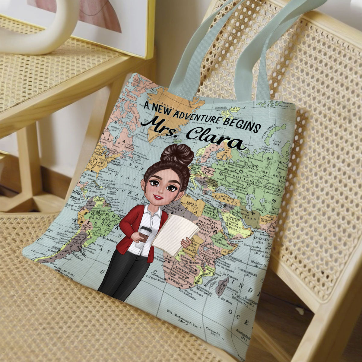Teacher New Adventure World Map Theme Personalized Tote Bag, Back To School Gift For Teacher