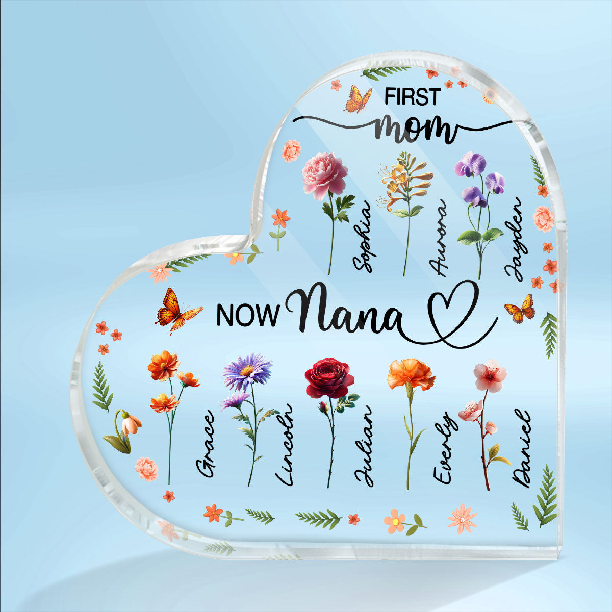 First Mom Now Grandma Beautiful 3D Effect Birth Month Flowers Personalized Heart Shape Acrylic Block Plaque