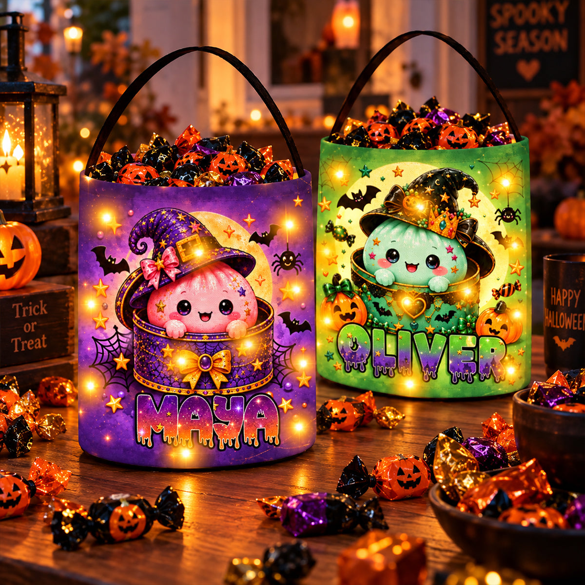 Kawaii Cute Halloween Dumpling - Personalized LED Trick or Treat Bucket - Custom Name Treat Bucket for Kids