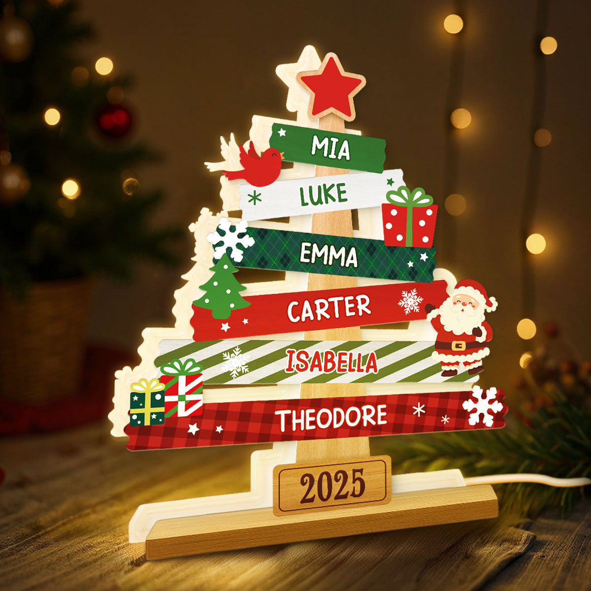 3D Effect Cute Christmas Tree Family Names Personalized LED Light Box