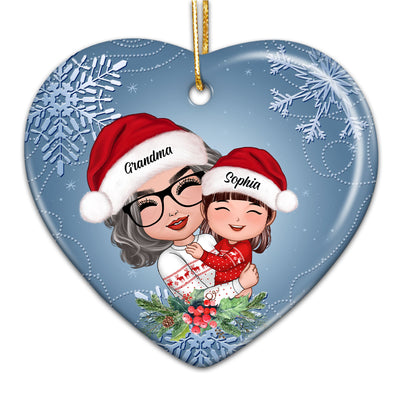 Doll Grandma Hugging Granddaughter Grandson In Winter Theme Personalized Heart Ornament