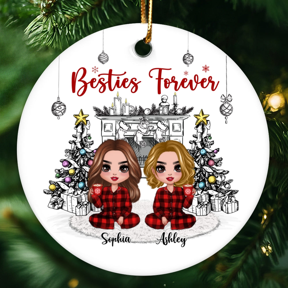 Christmas Outline Background Doll Besties Sisters Personalized Circle Ornament