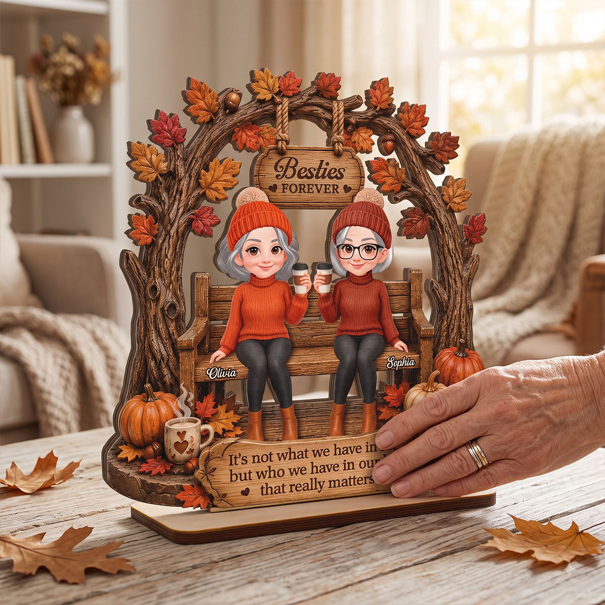 Fall Season Besties Under Tree Arch 2D Flat - Personalized Wooden Plaque - Fall Season Gift For Besties