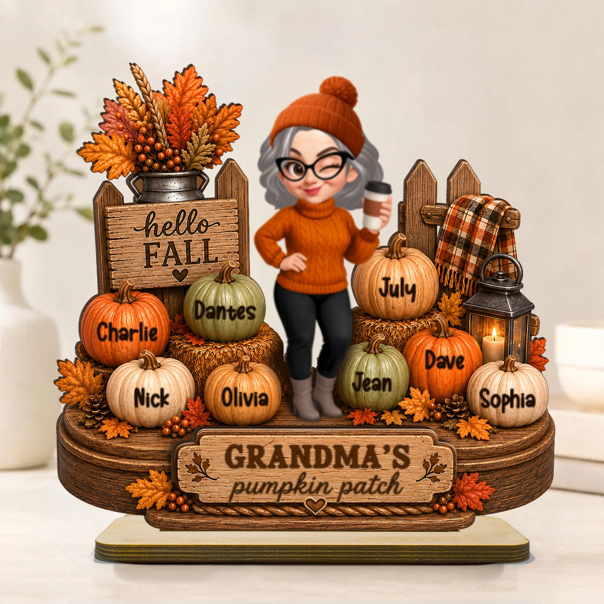Hello Fall Grandma's Pumpkin Patch - Personalized 2-Layered Wooden Plaque - Cozy Fall Decor for Grandma