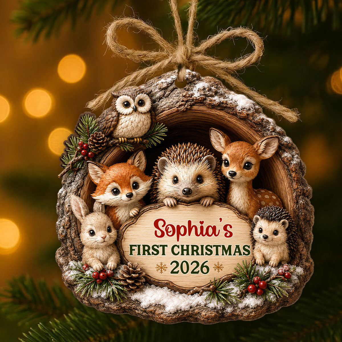 Baby First Christmas Woodland Animal - Personalized Wooden Ornament - Christmas Gift For Newborn Baby