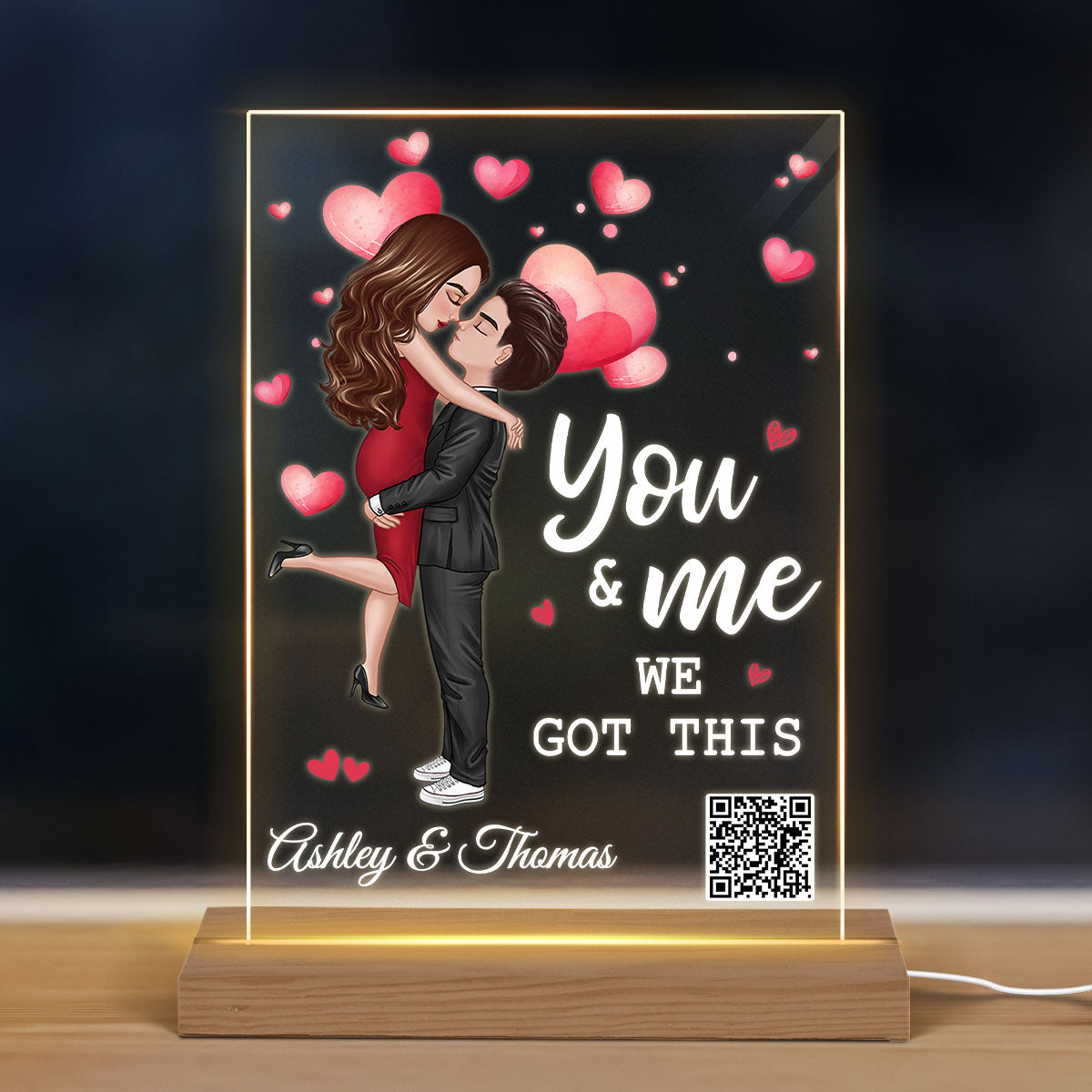 Couple Hugging Kissing Together Since Missing Piece Favorite Song Scannable QR Code Personalized Rectangle Acrylic Plaque WIth LED Night Light