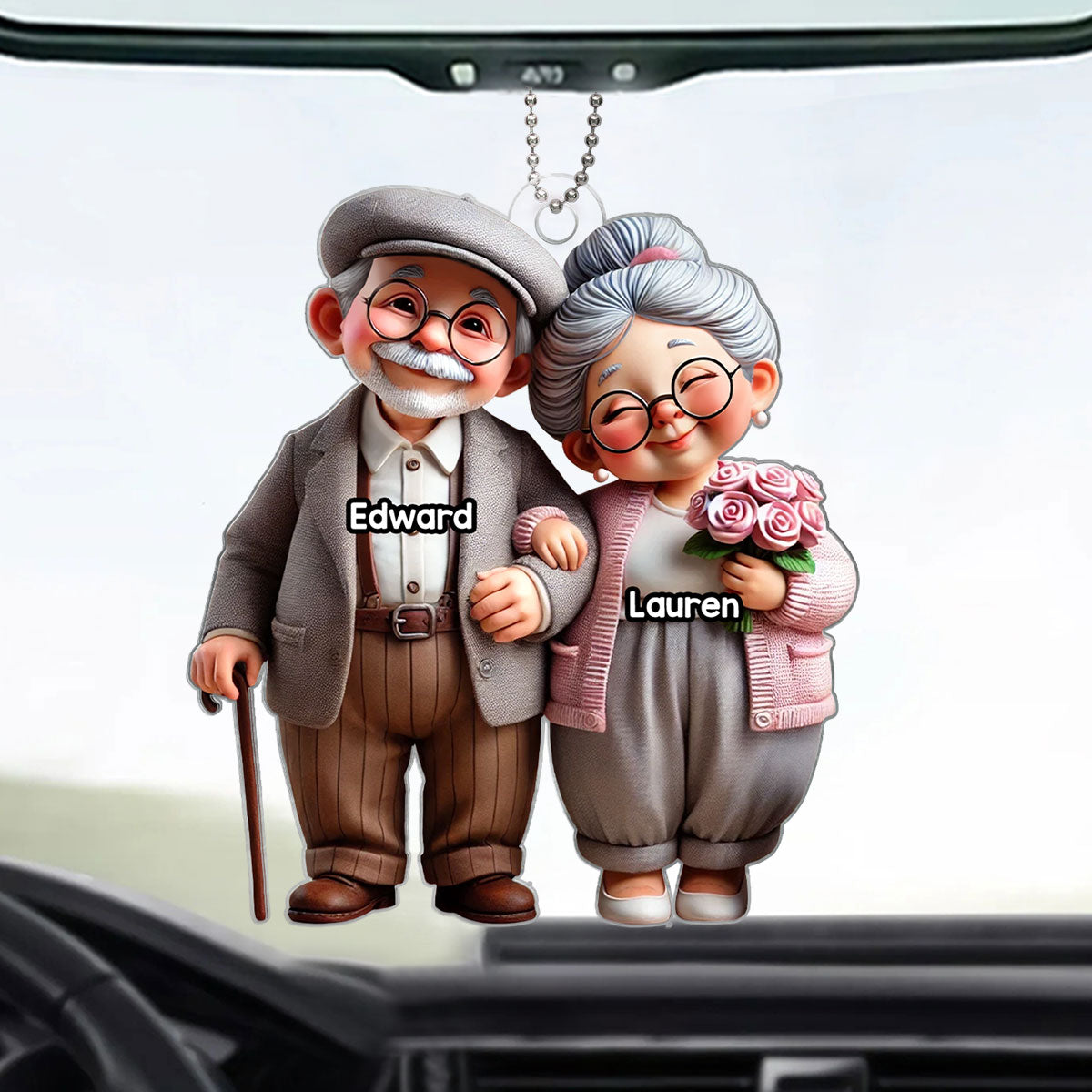 3D Effect Old Cartoon Couple Holding Hand Personalized Acrylic Car Hanger, Valentine's Day, Anniversary, Just Because Gift for him, for her