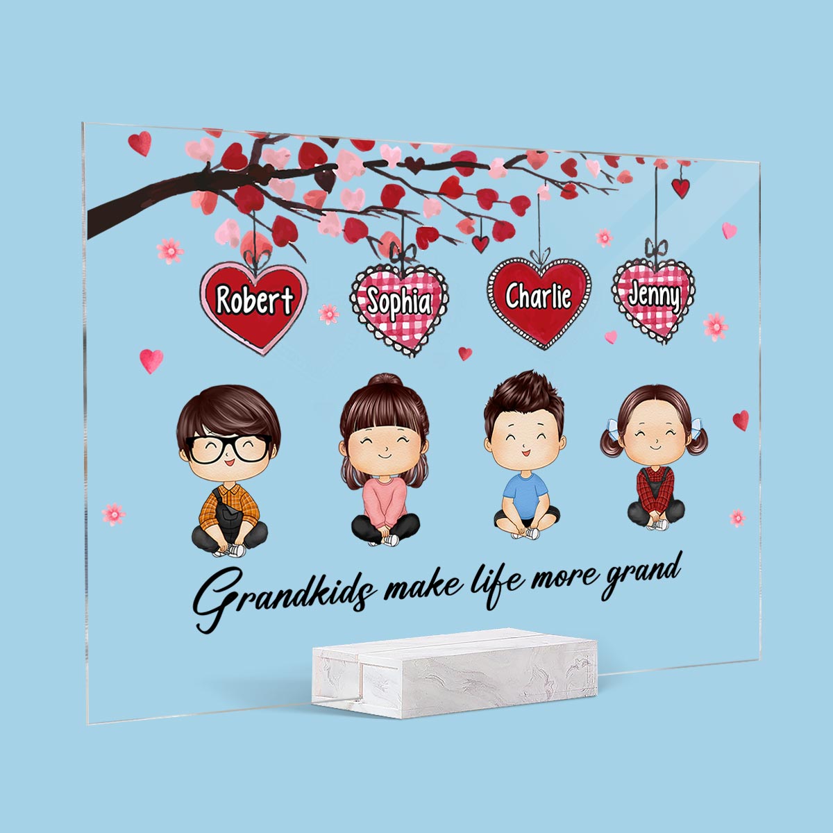 Grandkids Make Life More Grand Doll Kids Watercolor Styles Under Heart Tree Personalized Acrylic Plaque