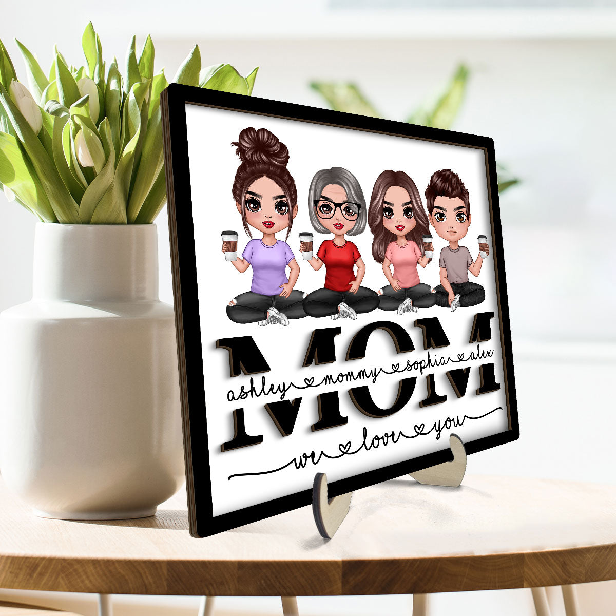 Mom We Love You Doll Sitting On Text Personalized 2-layer Wooden Plaque, Gift For Mom