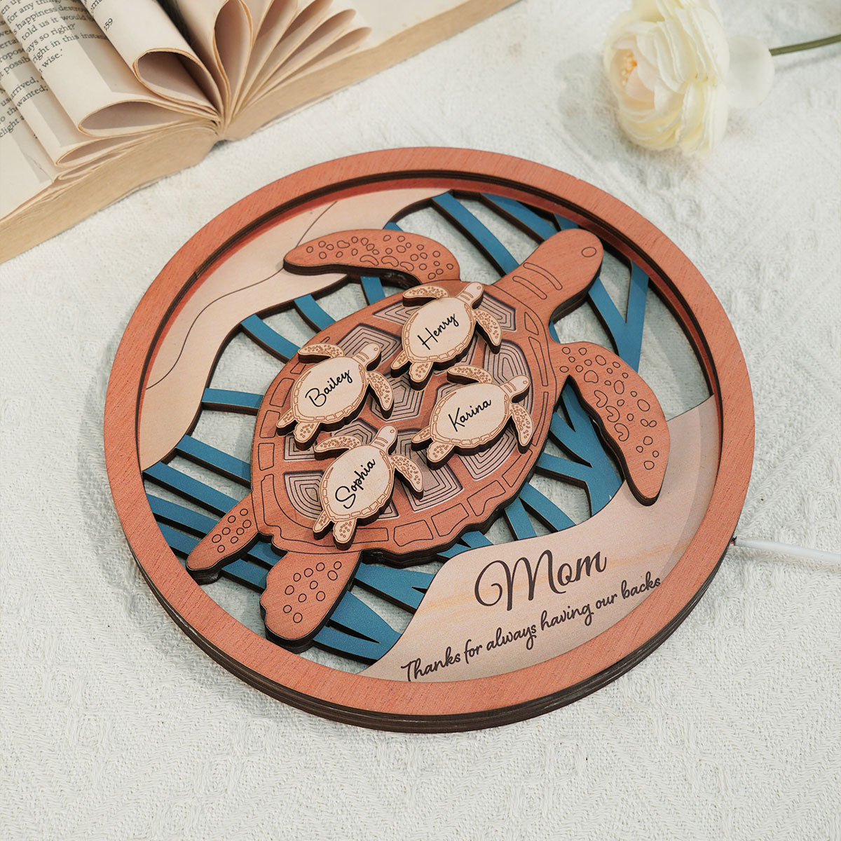Grandma Mom Sea Turtle Personalized 3-Layered Wooden Plaque With LED, Gift for Mom, Grandma