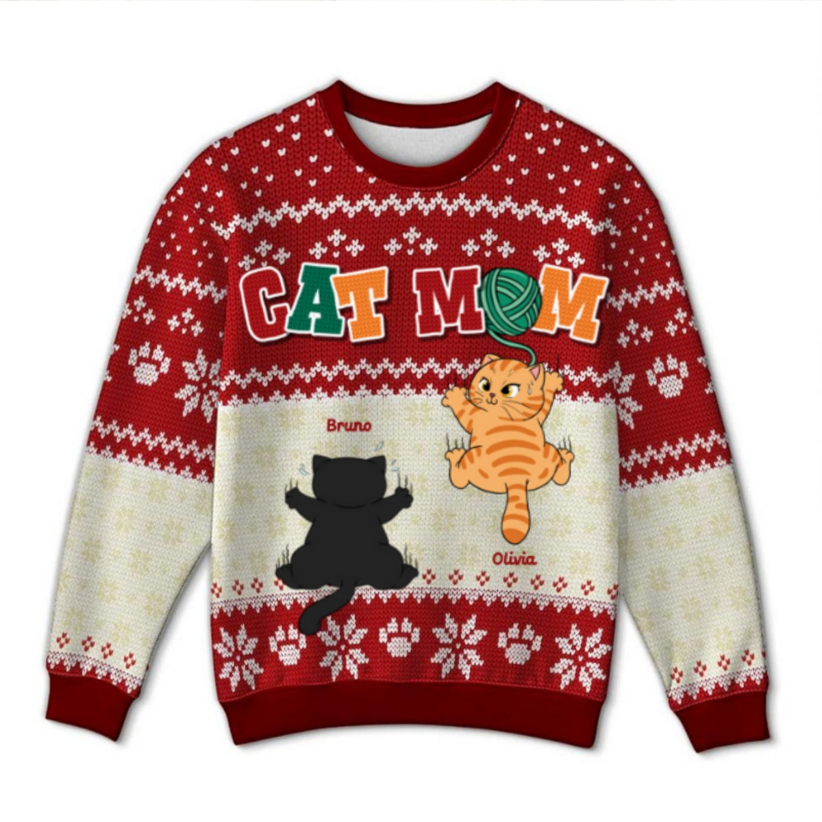 Cat Mom Cat Dad Funny Cat Climbing Personalized Faux Knitting Ugly Sweater