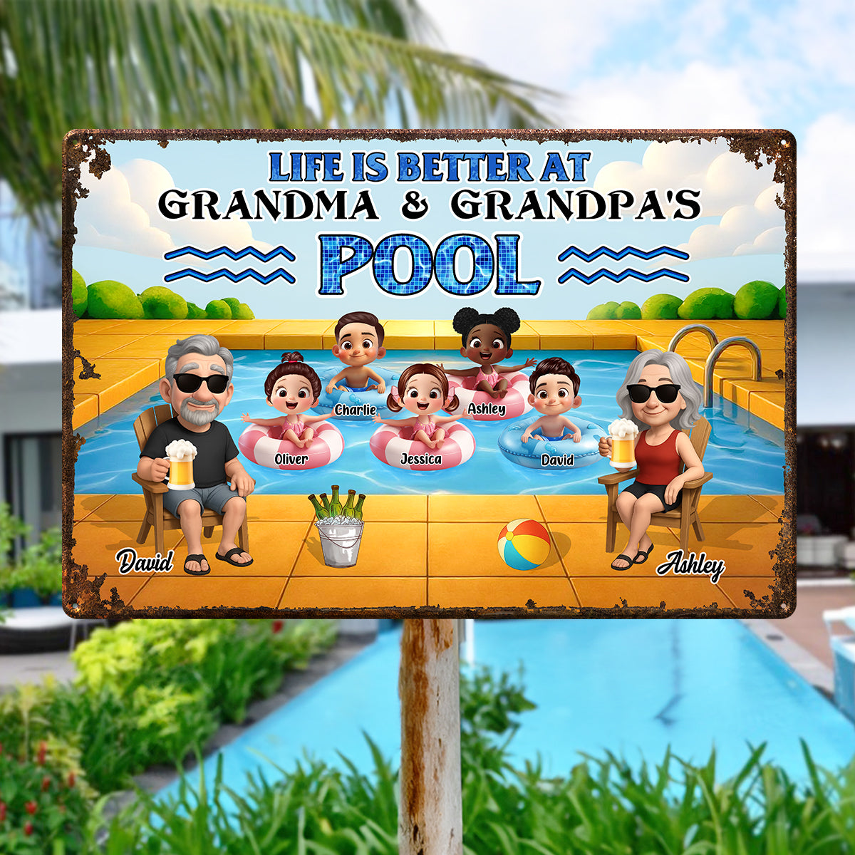Life is Better at Grandma & Grandpa Pool Personalized Metal Sign, Grandchildren Welcome Sign, Grandparents Hosting Grandkids Summer Sign