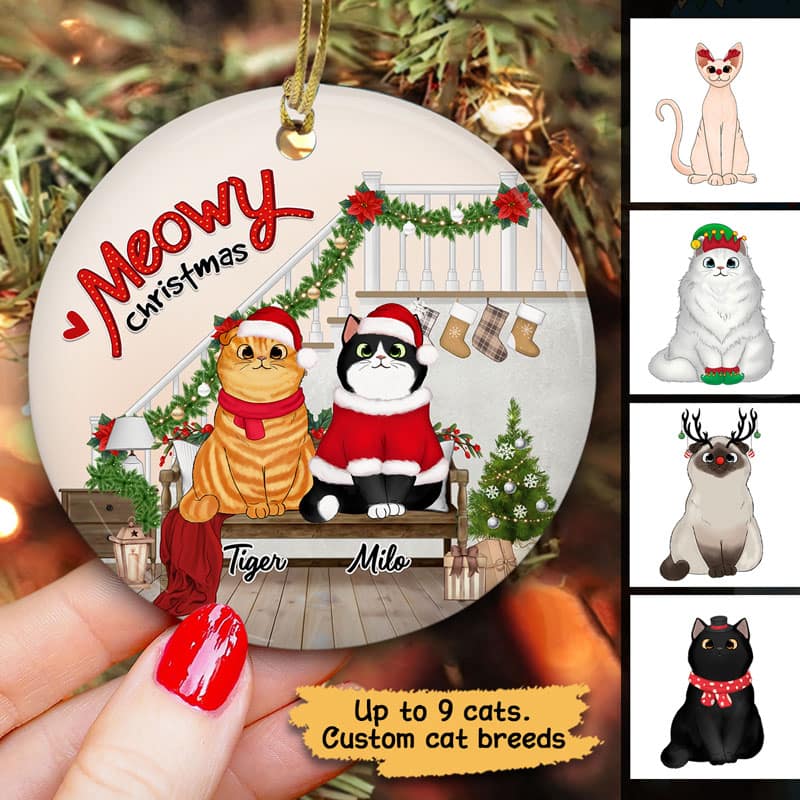 Meowy Christmas Fluffy Cats Stairs Personalized Circle Ornament