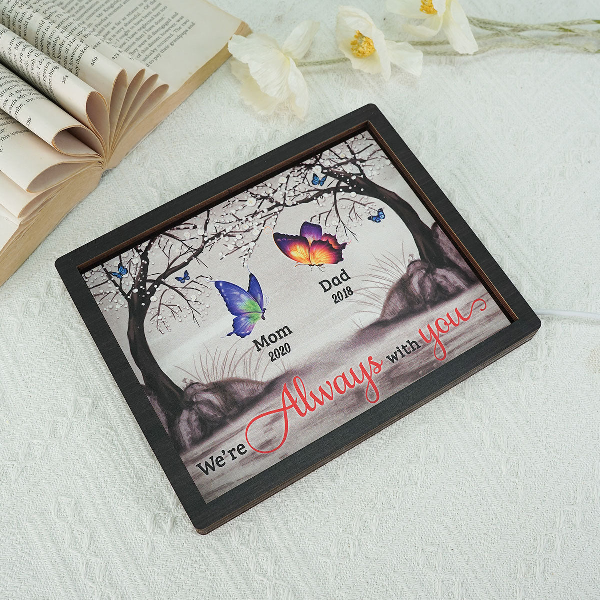 I Am Always With You Cardinals Butterflies Blossom Tree Memorial Personalized 2-Layered Wooden Plaque With LED