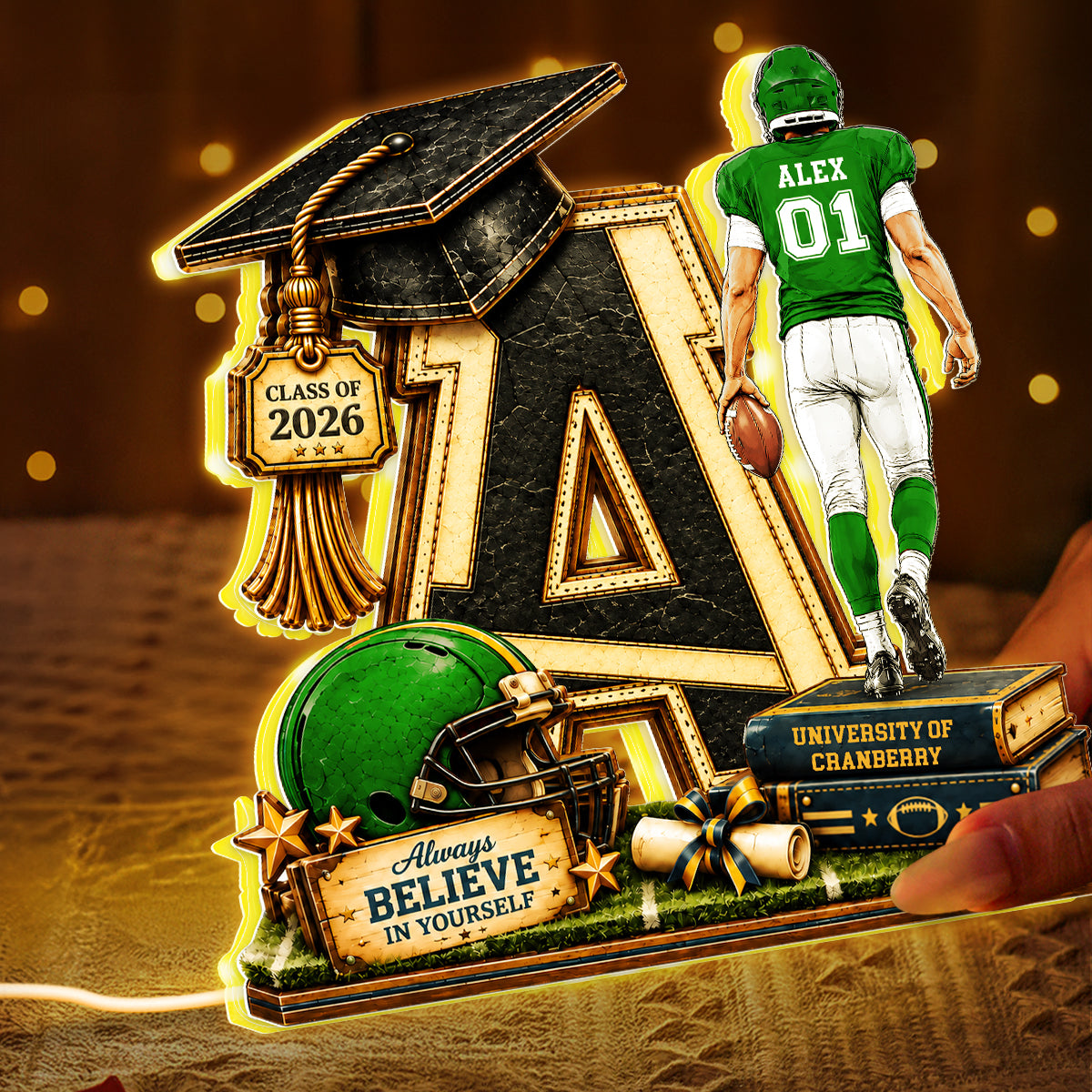 Football Graduation Custom Initial - Personalized Light Box - Class of 2026 Senior Gift, Christmas Gift for Son, Grandson, for Him