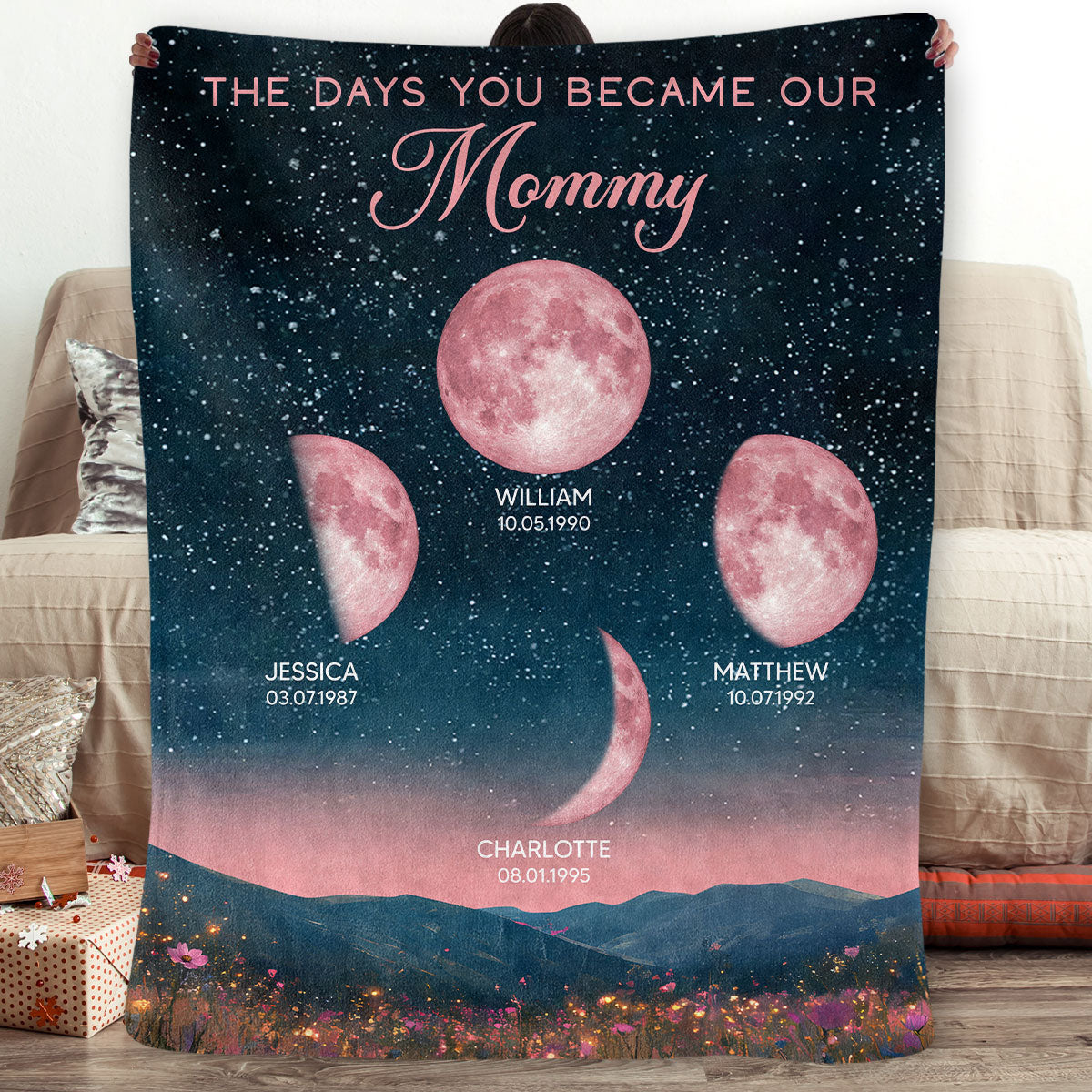 Pink Moon Phase Custom Birth Moon Beautiful Hill At Night Personalized Fleece Blanket, Gift