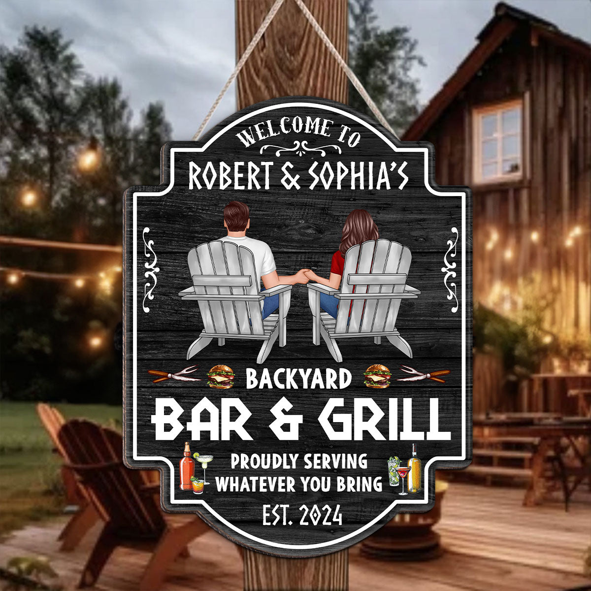 Backyard Bar & Grill Couple Sitting Personalized Wood Sign