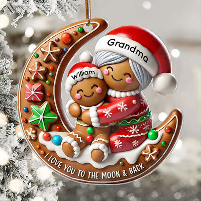3D Effect Gingerbread Grandma Hugging Grandkid On Moon Christmas - Personalized Acrylic Ornament - Gift For Granddaughter, Grandson