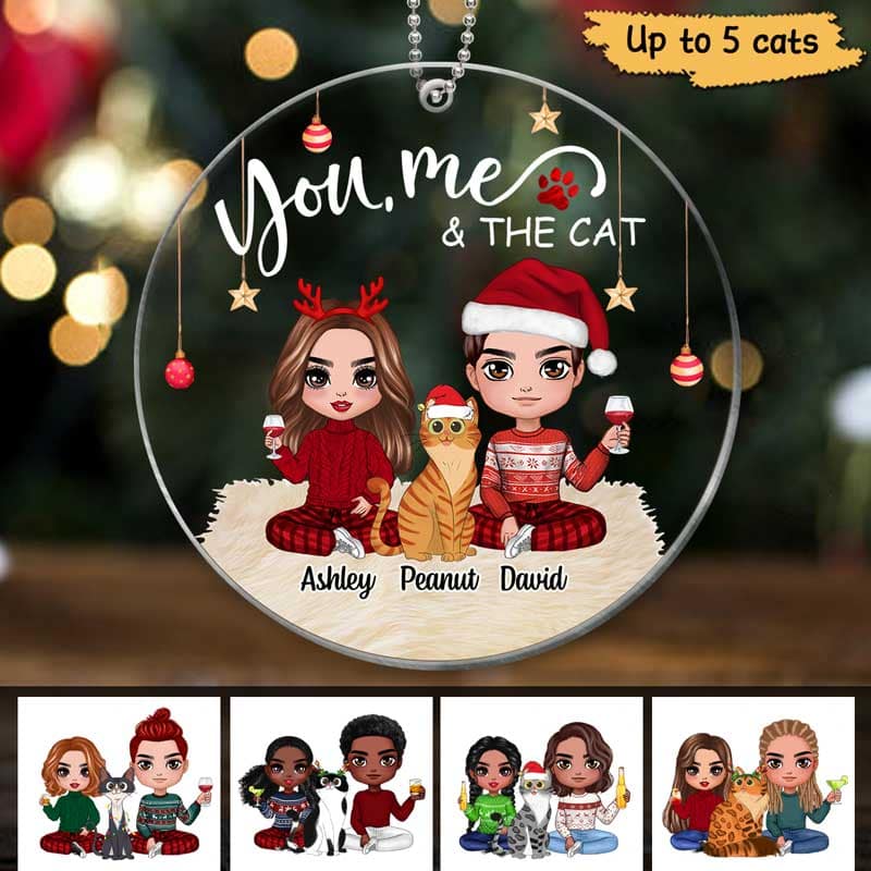 Doll Couple Sitting With Cats Christmas Personalized Acrylic Ornament