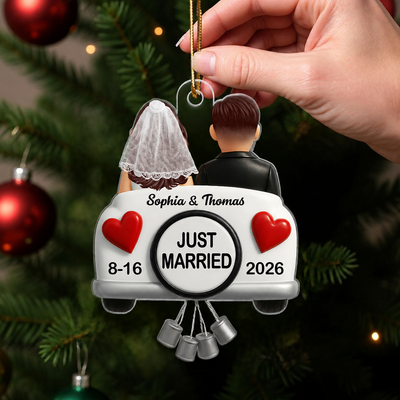 3D Effect Just Married Couple First Christmas Married Personalized Flat Acrylic Ornament, Gift For Newly Wedding Couple
