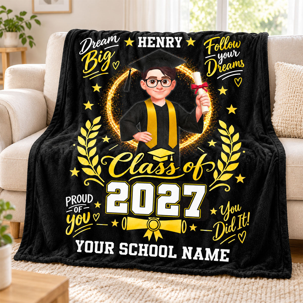 Dream Big Class of 2026 2027 - Personalized Fleece Blanket - Christmas Gift For Girls Boys, Grandkids, High School Graduate