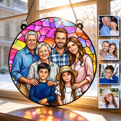 Stained Glass Family Portrait - Personalized Acrylic Window Hanger – Add Deceased Loved One to Photo, Custom Memorial Gift
