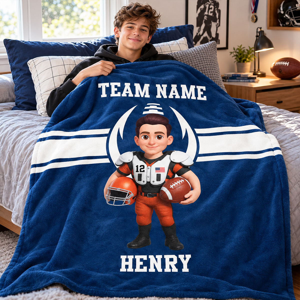 Proud American Football Player Custom Name And Team Name - Personalized Fleece Blanket - Christmas Gift For American Football Players, Grandson, Son