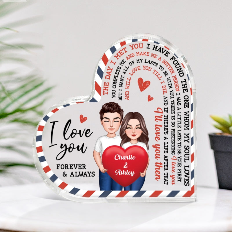 The Day I Met You Couple Holding Heart Envelope Frame Personalized Heart Shape Acrylic Plaque