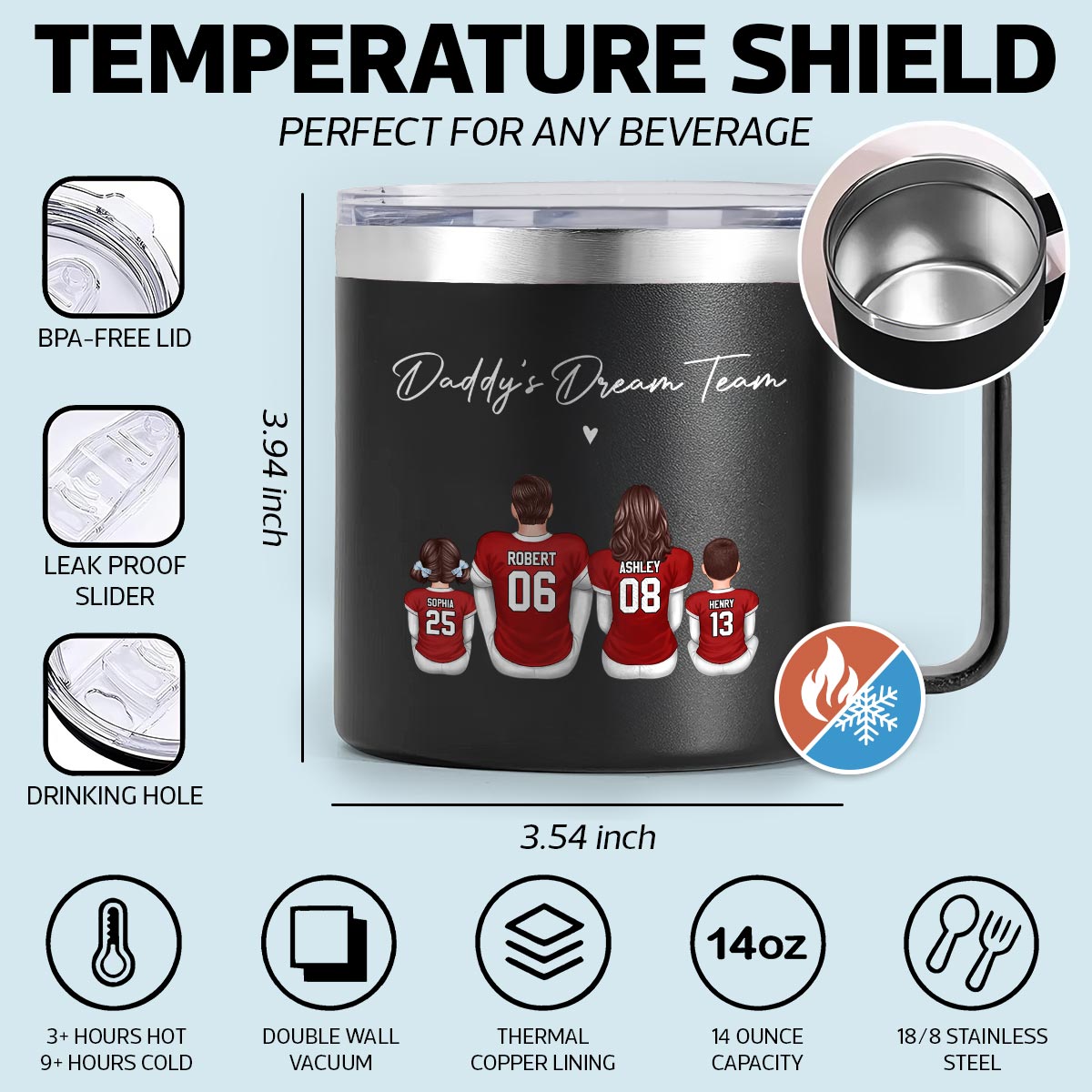 Football Daddy's Dream Team Personalized Stainless Steel Tumbler With Handle, Gift For Dad