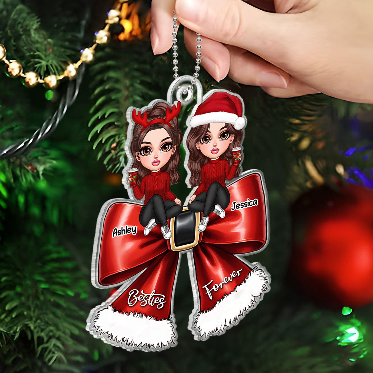 Christmas Red Coquette Bow Best Friends Personalized Acrylic Ornament, Christmas Gift For Besties