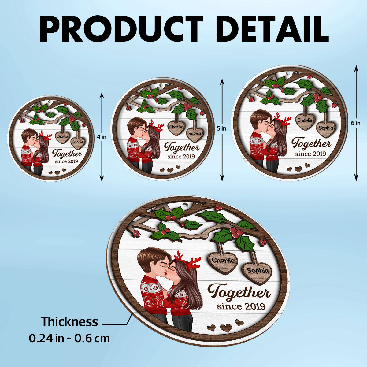 Couple Kissing Under Mistletoe Personalized 2-Layer Wooden Ornament, Christmas Gift For Him, For Her