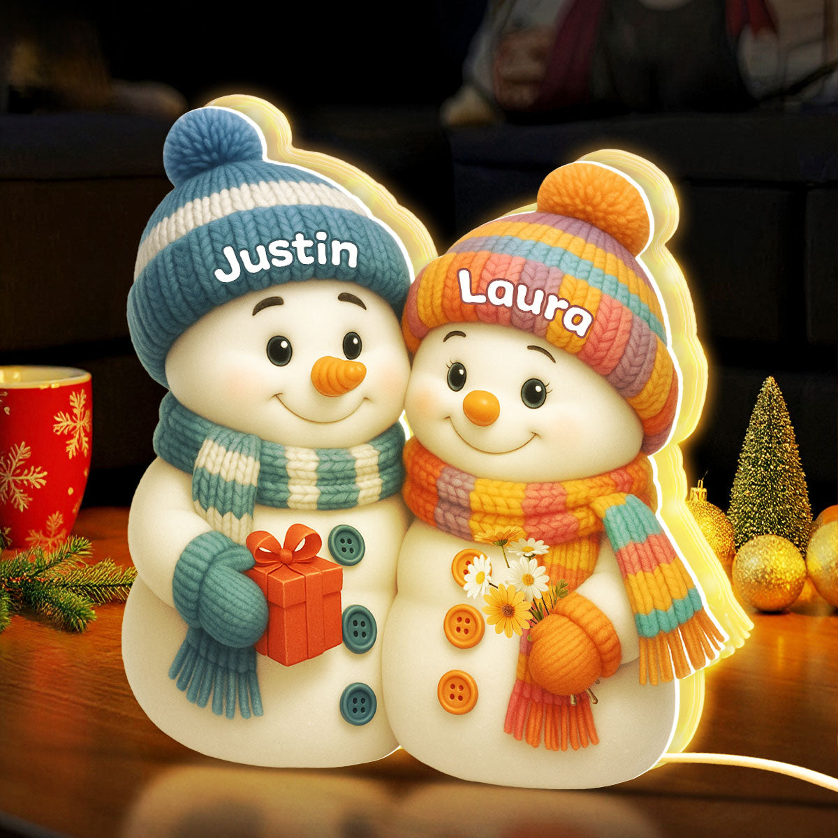 Snowman Couple Hugging - Personalized Light Box - Heartwarming Christmas Gift for him, Gift for her