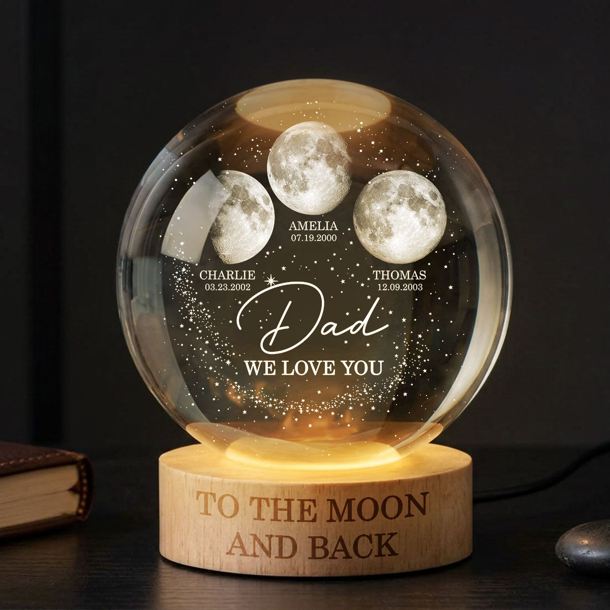 Love to the Moon and Back - Personalized Crystal Ball LED Night Light - Custom Moon Phase by Date, Father's Day Gift for Dad, Husband