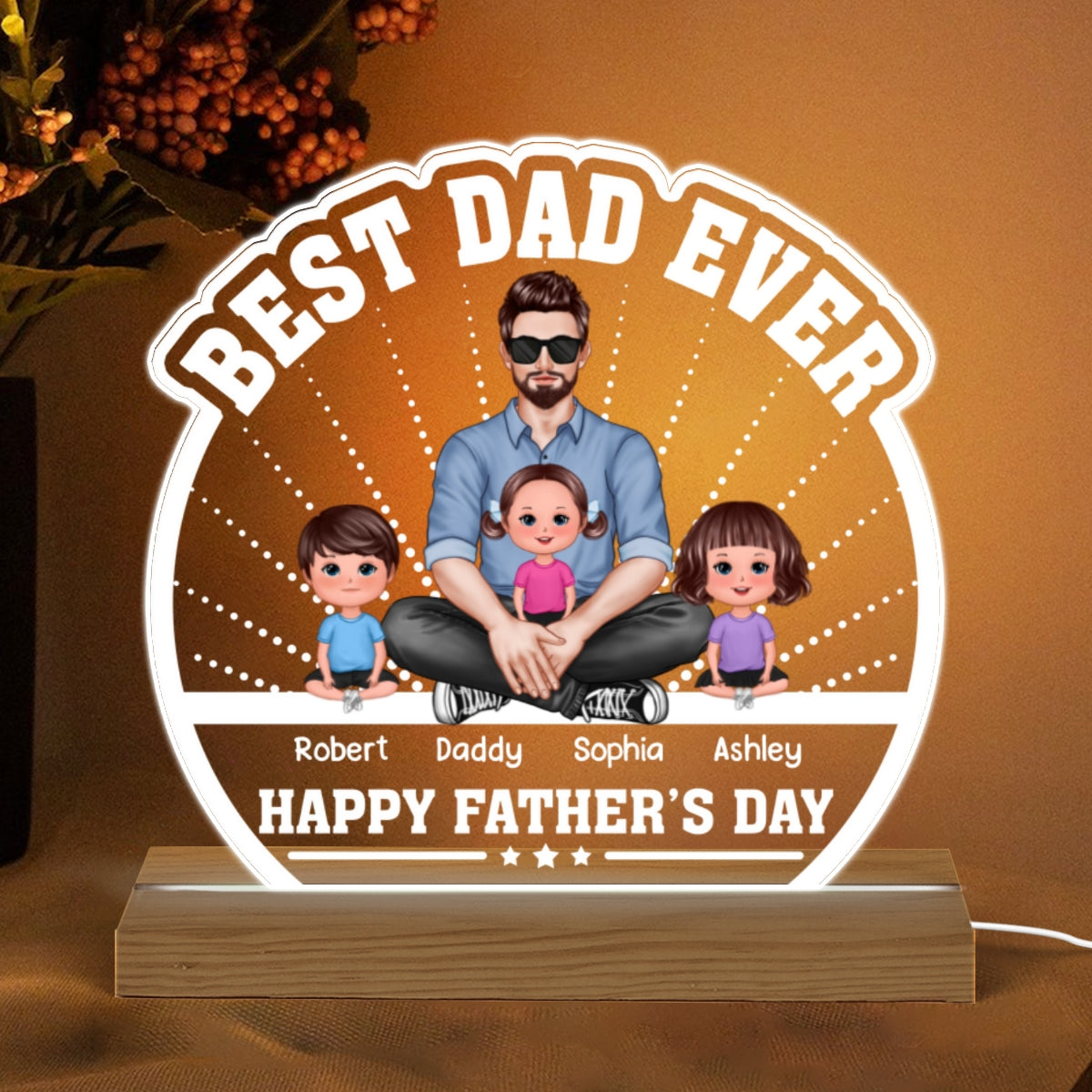 Best Dad Ever Man Sitting With Doll Kids Personalized Custom Shaped Acrylic Plaque With Warm LED Night Light