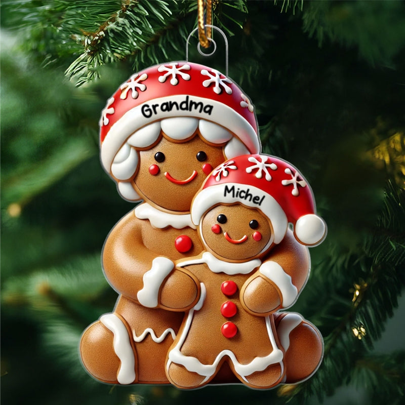 3D Effect Gingerbread Grandma Hugging Grandkid Christmas Personalized Acrylic Ornament, Gift For Granddaughter, Grandson
