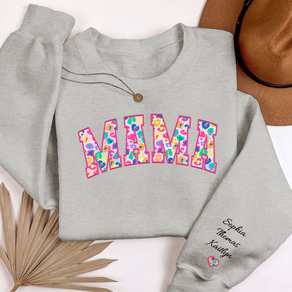 Mama Colorful Leopard Kids Names On Sleeve Personalized Sleeve Printed Sweatshirt