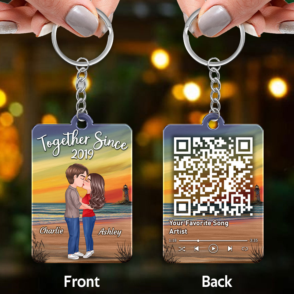Summer Doll Couple Kissing Sunset Beach Favorite Song Scannable QR Code Personalized Acrylic Keychain