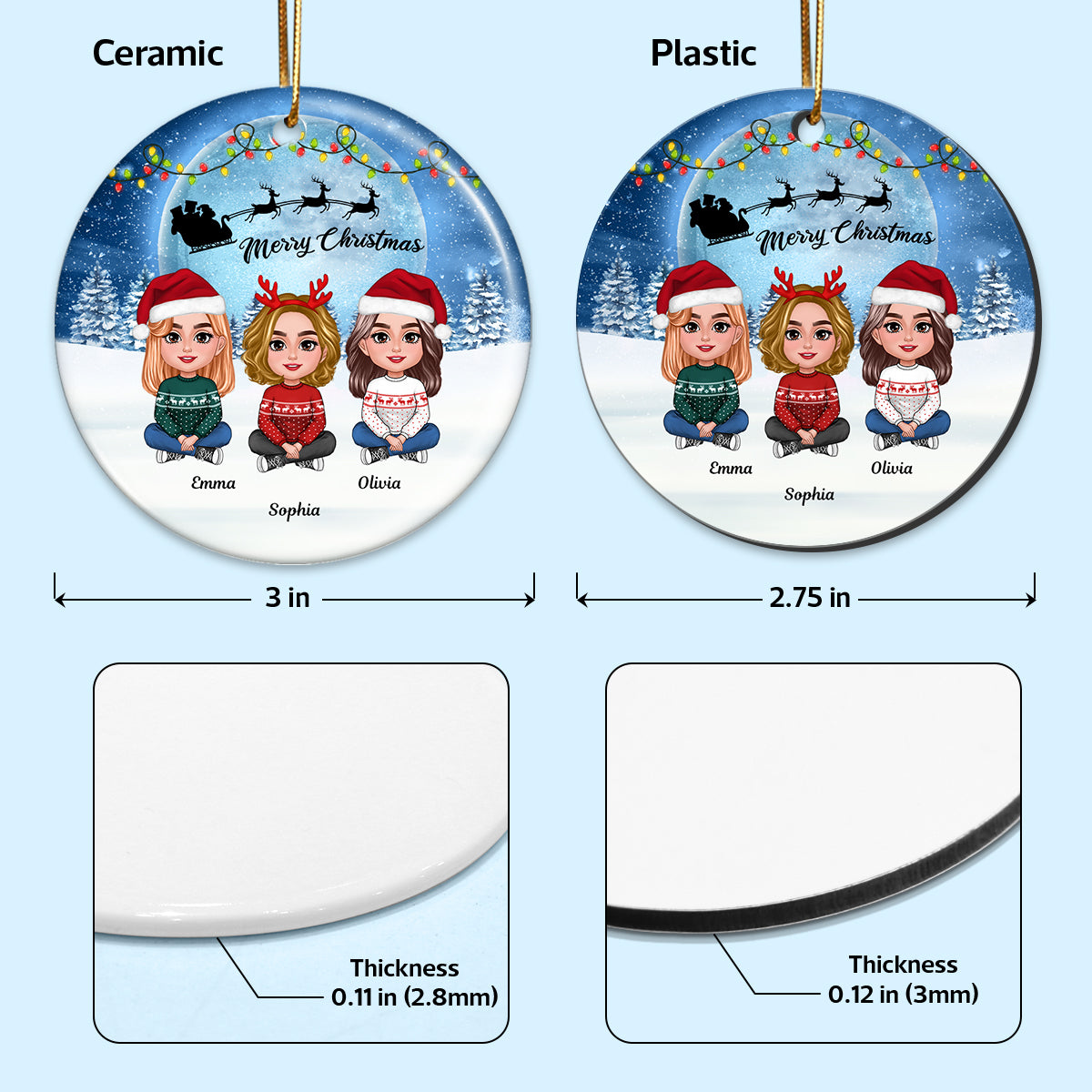 Besties Sisters In Moonlight Snow Christmas Personalized Circle Ornament