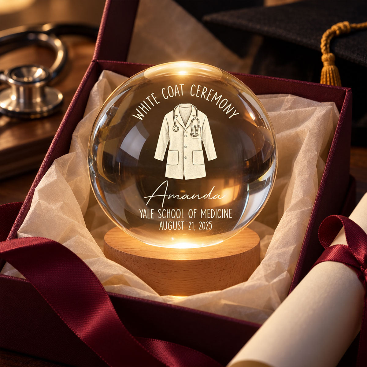 White Coat Ceremony - Personalized Crystal Ball – Custom Name Medical School Graduation, Gift for Doctor, Med Student & Future Physician