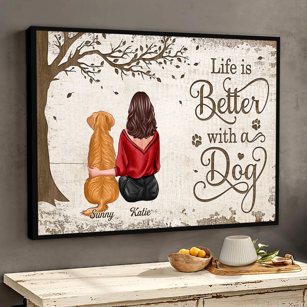Back View Woman Man And Dogs Sitting Under Tree Personalized Horizontal Poster